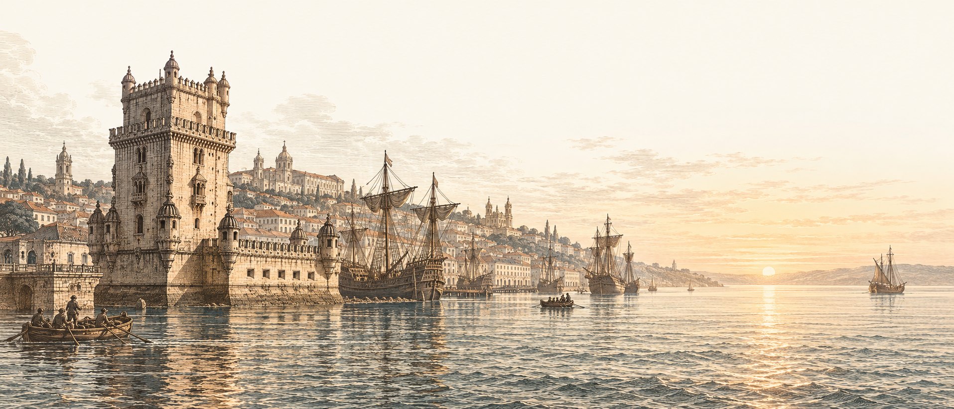 Engraving of Lisbon harbor at dawn: a stone tower in the water, caravels at anchor and the hillside city behind